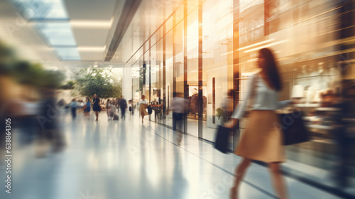 Blurred background featuring a modern shopping mall with various shoppers. Fashionable women are observing a showcase, captured with motion blur. Shoppers carrying shopping bags. Generative AI © Nico Vincentini