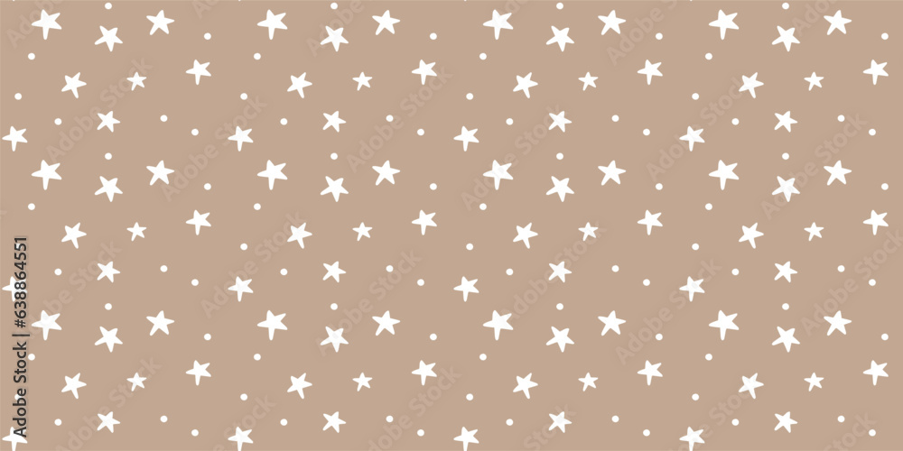 White stars on kraft paper background, seamless texture for gift wrapping, abstract childish starry vetor graphic pattern