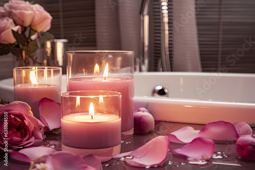 Burning scented candles and rose petals. Large filled bath with foam and flowers. Bathtub with romantic scented candles and petals. Floating candles in water among rose petals.