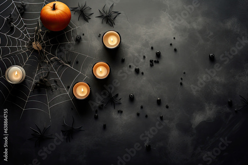 Abstract scene of Halloween party in minimal design Decorate with spiderwebs and Halloween candle, copy space for mock up, with Generative Ai.