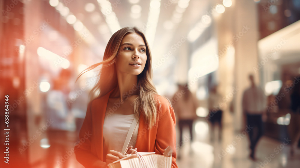 Blurred background featuring a modern shopping mall with various shoppers. Fashionable women are observing a showcase, captured with motion blur. Shoppers carrying shopping bags. Generative AI Blurred background featuring a modern shopping mall with various shoppers. Fashionable women are observing a showcase, captured with motion blur. Shoppers carrying shopping bags. Generative AI