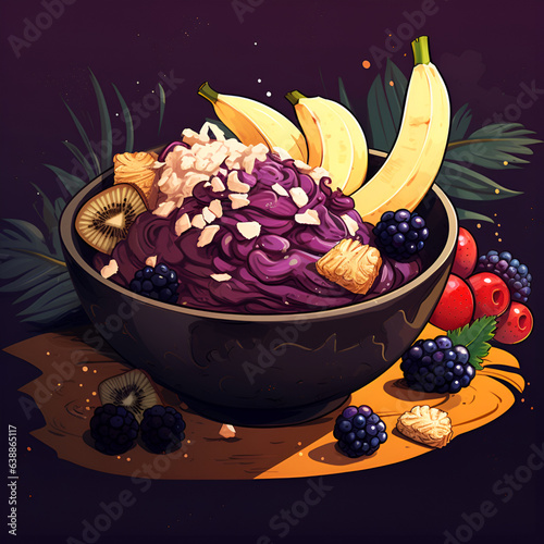 Acai bowl illustration with strawberries, banana, blueberries, kiwi and granola. Nourishing breakfast full of vitamins, antioxidants and fiber. Organic immunity booster, heakthy weight loss photo