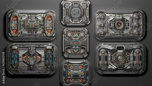 Set of detailed cyber mechanisms or robotic engine props and futuristic energy cells. Complex machine boards and generators. Abstract technology isolated on grey background. 3d rendering