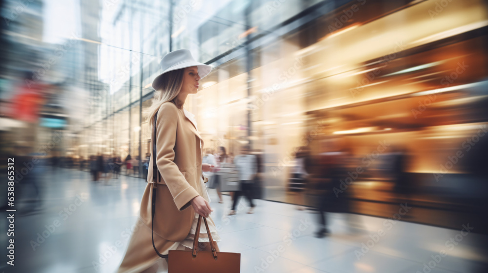 Blurred background featuring a modern shopping mall with various shoppers. Fashionable women are observing a showcase, captured with motion blur. Shoppers carrying shopping. Generative AI - obrazy, fototapety, plakaty 