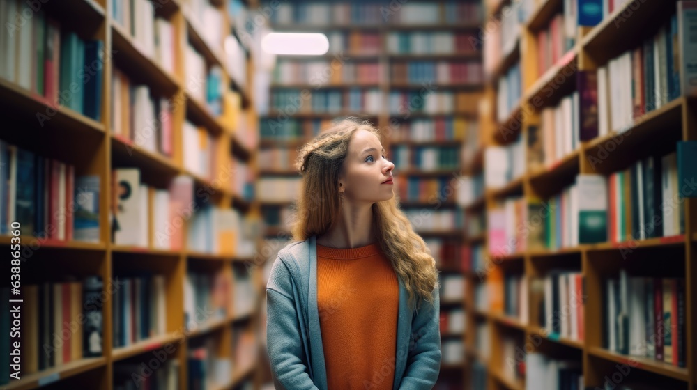 Smart creative man student holding book sitting on floor among bookshelves in modern university campus library, Generative AI Smart creative man student holding book sitting on floor among bookshelves in modern university campus library, Generative AI