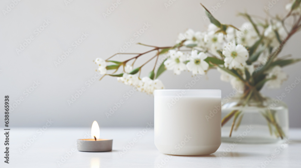 Scented Candle on White Table with Vases, Modern Minimalist Background Scented Candle on White Table with Vases, Modern Minimalist Background