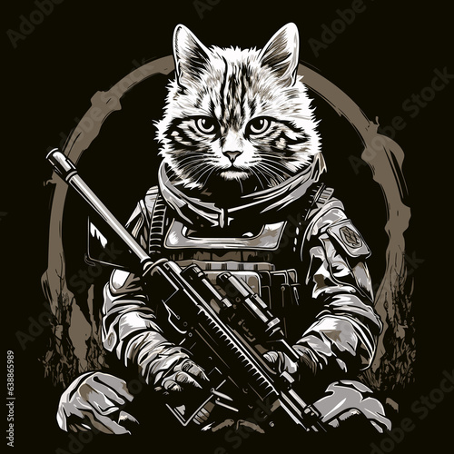 Cat in military uniform and weapons in vector art style