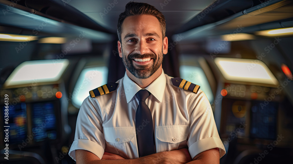 A confident male pilot in uniform keeping arms crossed and smiling while standing inside of the airplane. Generative Ai A confident male pilot in uniform keeping arms crossed and smiling while standing inside of the airplane. Generative Ai