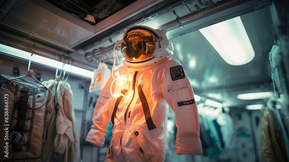 Astronaut in a space suit on the background of the spaceship. generative ai 
