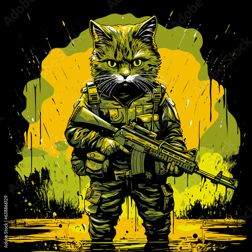 Cat in military uniform and weapons in vector art style