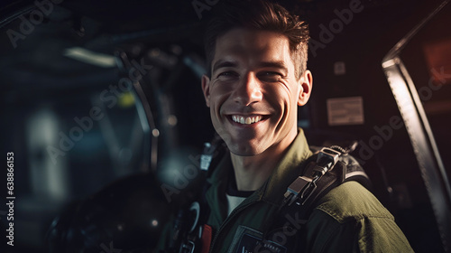 A confident male pilot in uniform keeping arms crossed and smiling while standing inside of the airplane. Generative Ai