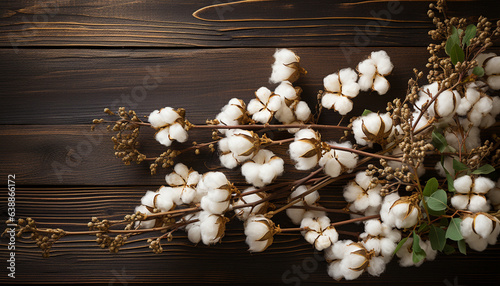 A lot of white fluffy cotton flowers lie on a wooden table. View from above.