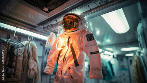Astronaut in a space suit on the background of the spaceship. generative ai 