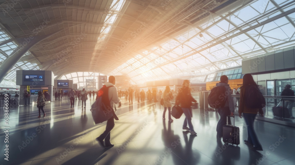 Airport terminal. Travelers walking with a luggage at airport terminal and airport terminal blurred crowd of Travelling people on the Background. Generative Ai