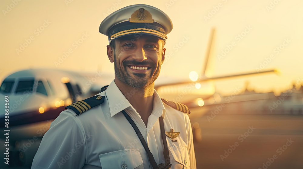 Cheerful Pilots, A young man airline worker touching captain hat and smiling while standing in airfield with airplane on background. Generative Ai
