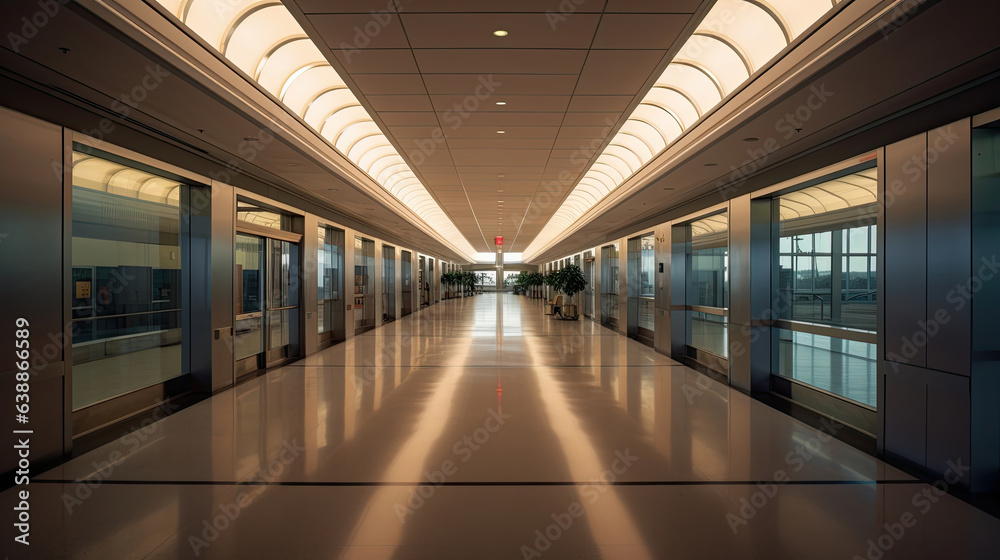 Airport terminal, contemporary hallway of airport. Generative Ai