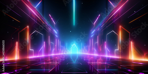 Futuristic technology background of neon light corridor, 3d rendering of a futuristic background with geometric shapes and colorful neon lights, A neon light wallpaper, generative AI