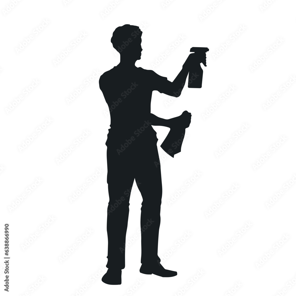 Man cleaning house. Isolated silhouette with cleaner boy. Housework scene. Husband with spray and towel. Cleanup service