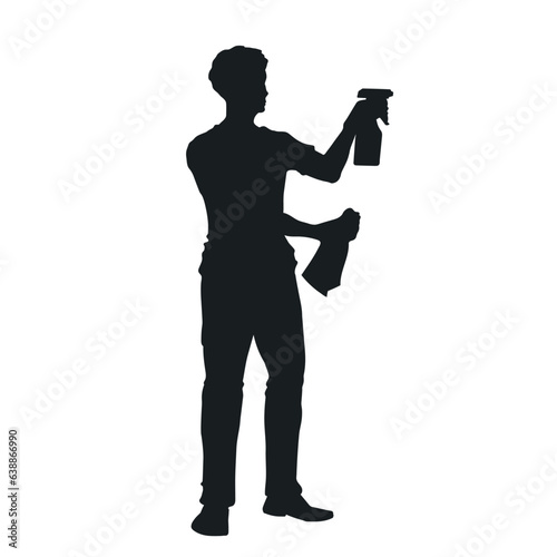 Man cleaning house. Isolated silhouette with cleaner boy. Housework scene. Husband with spray and towel. Cleanup service