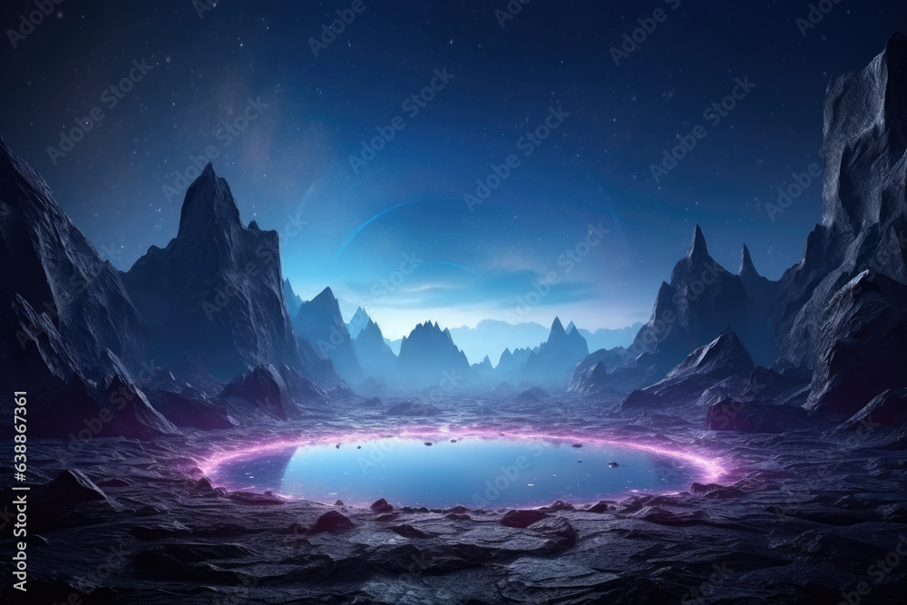 Abstract portal stone gate with neon circle glowing light in the dark space landscape of cosmic, rocky mountain stone field, spectrum light effect, with Generative Ai.