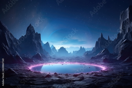 Abstract portal stone gate with neon circle glowing light in the dark space landscape of cosmic, rocky mountain stone field, spectrum light effect, with Generative Ai.