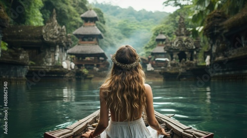 Woman in beautiful dress relaxing in a wooden boat on a lake in Bali, back view. Enjoying the beautiful scenery on the island of Bali, Indonesia © Neda Asyasi