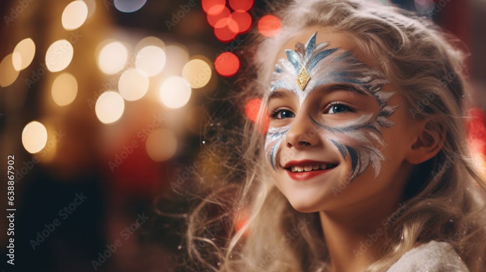Portrait of little girl with Christmas face painting. Xmas face art Portrait of little girl with Christmas face painting. Xmas face art