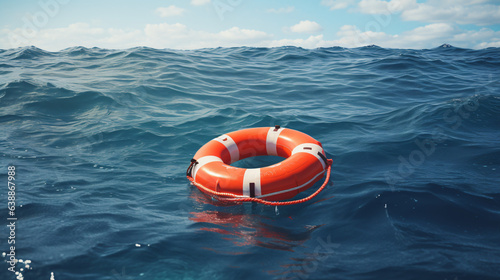 Safety equipment: Life buoy or rescue buoy floating on the ocean, prepared to save individuals at risk of drowning.Generative AI