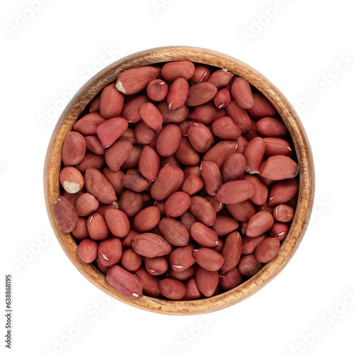 Top view of shelled peanuts in wooden bowl isolated on white background.