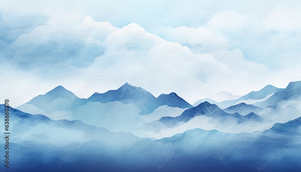 Blue watercolor background. Mountains on the background of clouds