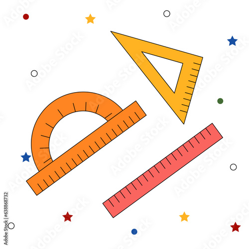 Vector school ruler, triangle, protractor isolated. Modern school illustration with black outline.
