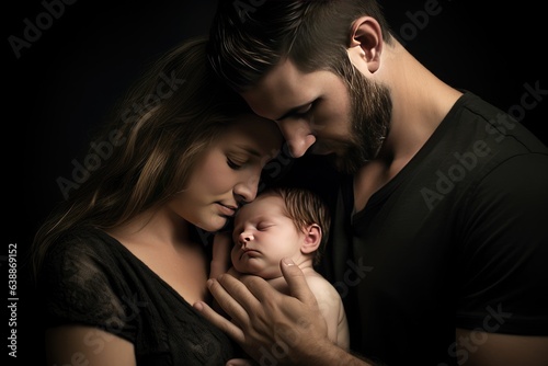 Both the mother and father lovingly cradle their newborn baby © YouraPechkin
