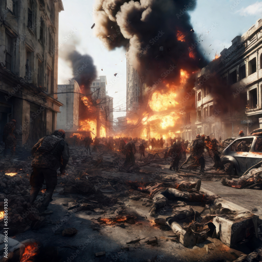 Illustration of a city destroyed by bombs, the effects of war There are zombies all over the city. generative AI Illustration of a city destroyed by bombs, the effects of war There are zombies all over the city. generative AI