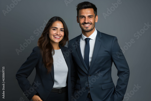 portrait of a business couple smiling in office smiling in office