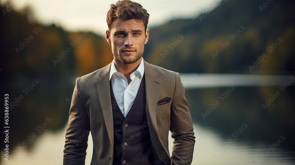 Young handsome man in classic suit over the lake buttoning his jacket