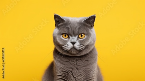 silver british shorthair cat portrait looking serious on yellow background with copy space © Suleyman
