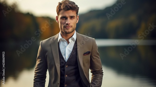 Obraz na płótnie Young handsome man in classic suit over the lake buttoning his jacket w salonie