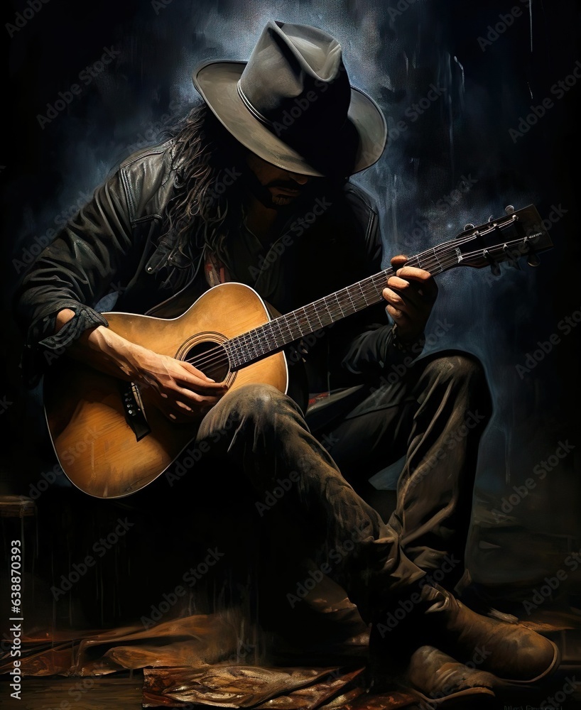 Obraz premium A man playing guitar with dark background