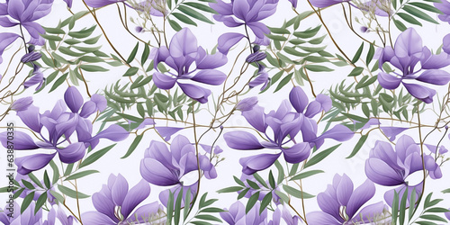 Jacaranda floral drawings seamless pattern with delicate leaves. Concept  Vivid purple organic prints.