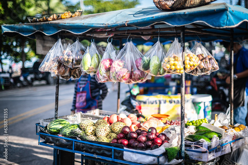 Carts selling various kinds of seasonal fruit are parked on the beach in Jomtien, Pattaya, Thailand