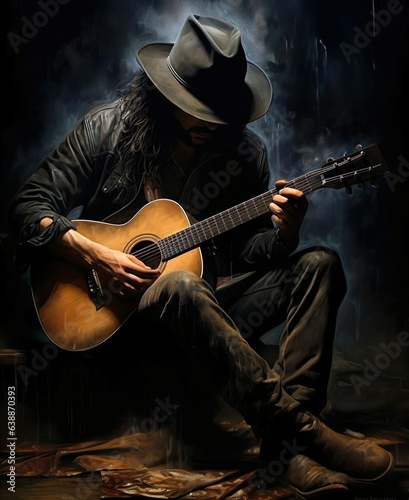 A man playing guitar with dark background