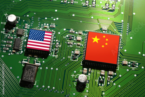 Photography Flag of the Republic of China and the United States on microchips of a printed electronic board