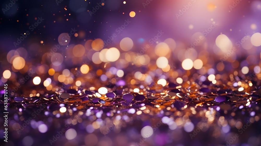 Christmas Golden light shine particles bokeh on purple background. Holiday concept. Abstract background with Dark purple and gold particle. Christmas Golden light shine particles bokeh on purple background. Holiday concept. Abstract background with Dark purple and gold particle.