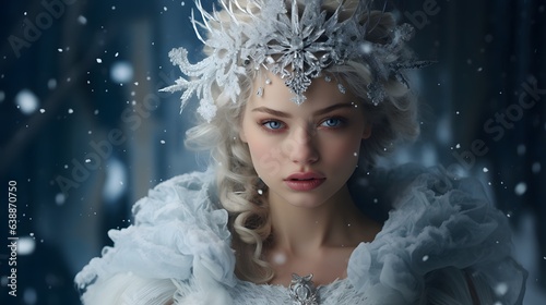 Snow queen. Beautiful Snow queen in winter forest. Snow fairy tale.