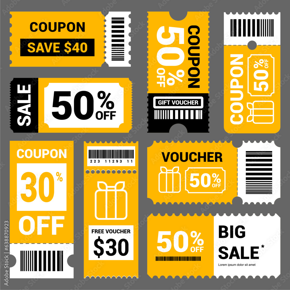 set of yellow coupon promotion sale for website, internet ads, social media or coupon. Big sale and super sale coupon discount. Coupon discount with vector illustration set of yellow coupon promotion sale for website, internet ads, social media or coupon. Big sale and super sale coupon discount. Coupon discount with vector illustration