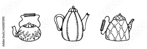 Hand drawn teapots set. Doodle style teapots and coffee kettles isolated on white background. Vector illustration on tea time icons for cafe and restaurant menu design.
