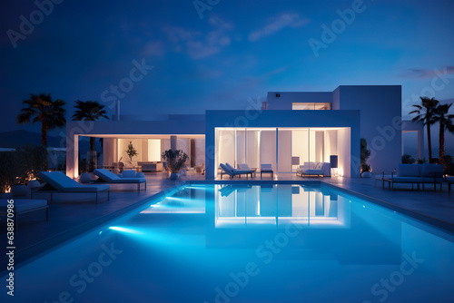 Exterior of modern minimalist cubic villa with swimming pool at sunset © Goran