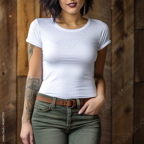 female with tattoos wearing a white top