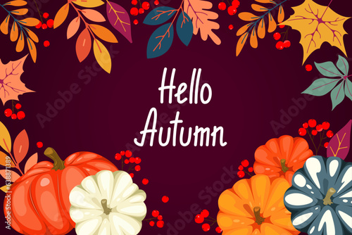 Autumn background .Hello, autumn.Background with autumn leaves, pumpkin . Web banner. Vector illustration.