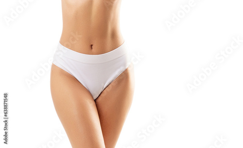 Young and beautiful slender girl in white swimsuit posing over white background. Healthcare, diet, sport and fitness concept. © Acronym